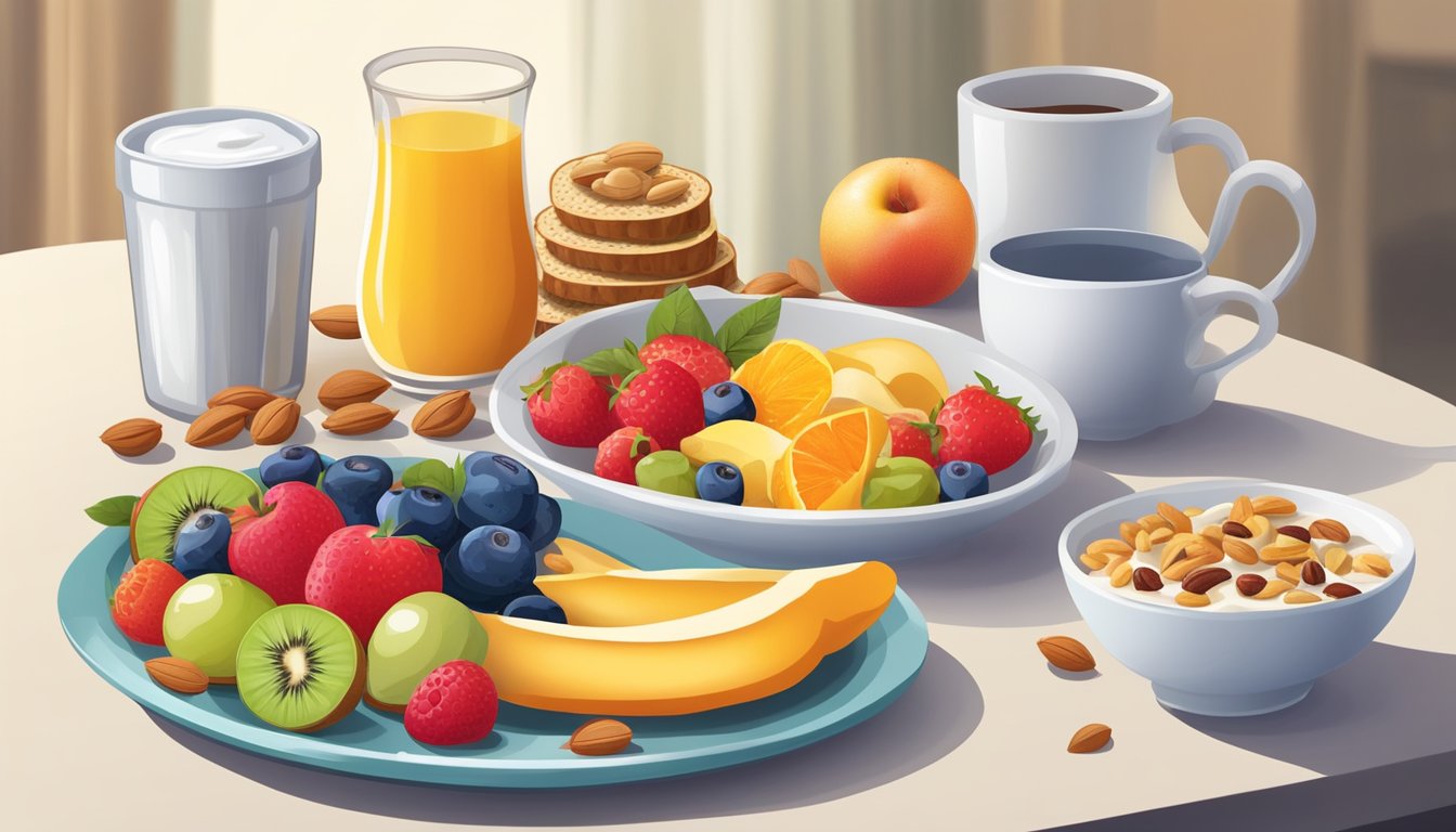 A table set with a colorful array of fruits, whole grain toast, and low-sugar yogurt. A glass of water and a plate of nuts complete the balanced breakfast spread