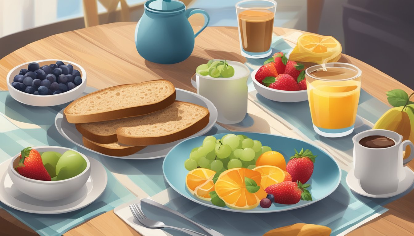 A table set with a colorful array of fresh fruits, whole grain toast, and a variety of low-sugar spreads and toppings. A pot of freshly brewed coffee and a glass of water complete the scene