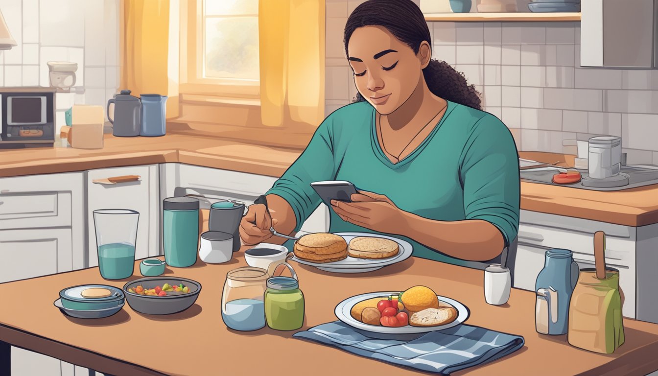 A person sitting at a kitchen table, choosing between a sugary breakfast and a balanced meal, with a blood sugar monitor nearby