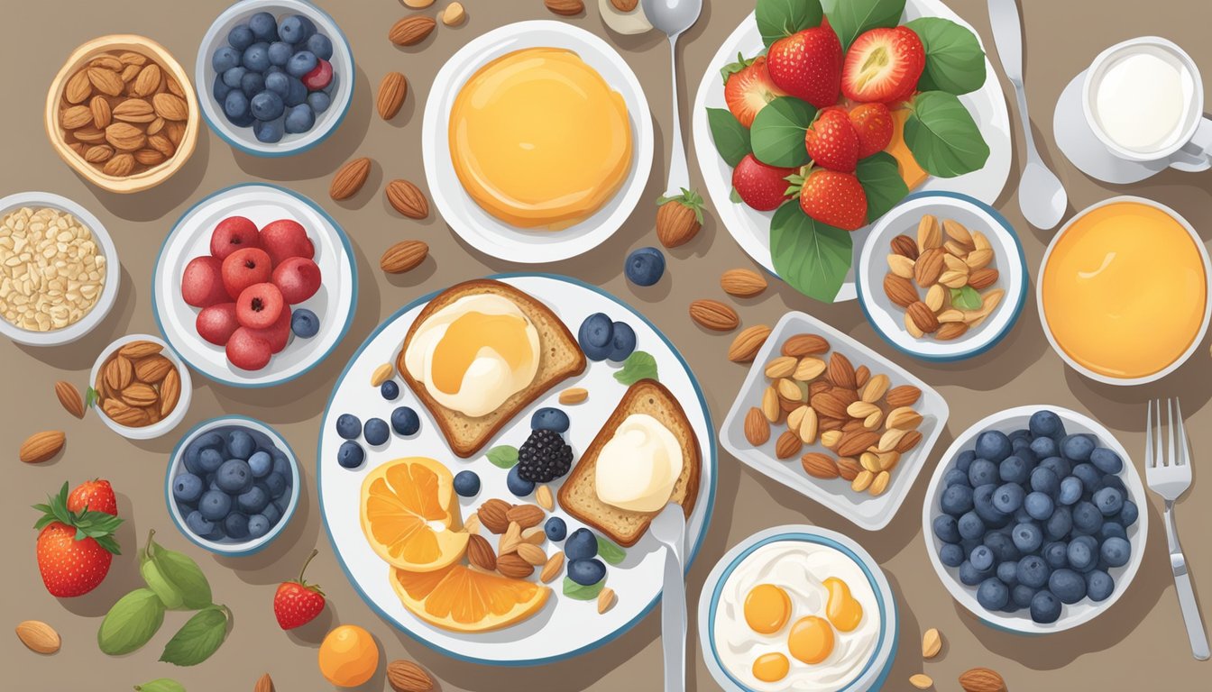 A table set with a colorful array of diabetic-friendly breakfast options, including fresh fruit, whole grain toast, yogurt, and a variety of nuts and seeds