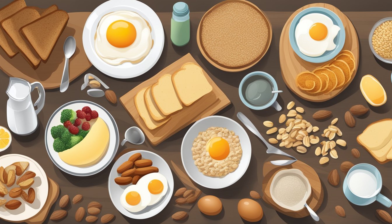 A breakfast table with a variety of foods, including selenium-rich options like eggs, nuts, and whole grain bread