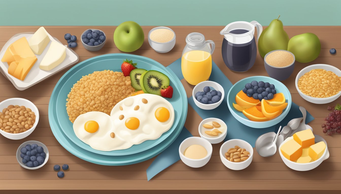 A breakfast table with a variety of diabetic-friendly foods like whole grains, fruits, and low-fat dairy, with a bottle of selenium supplement on the side