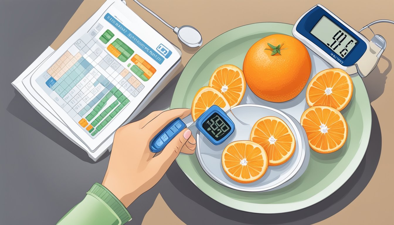 A diabetic holding a plate with mandarins, a glucose meter, and a nutrition guide