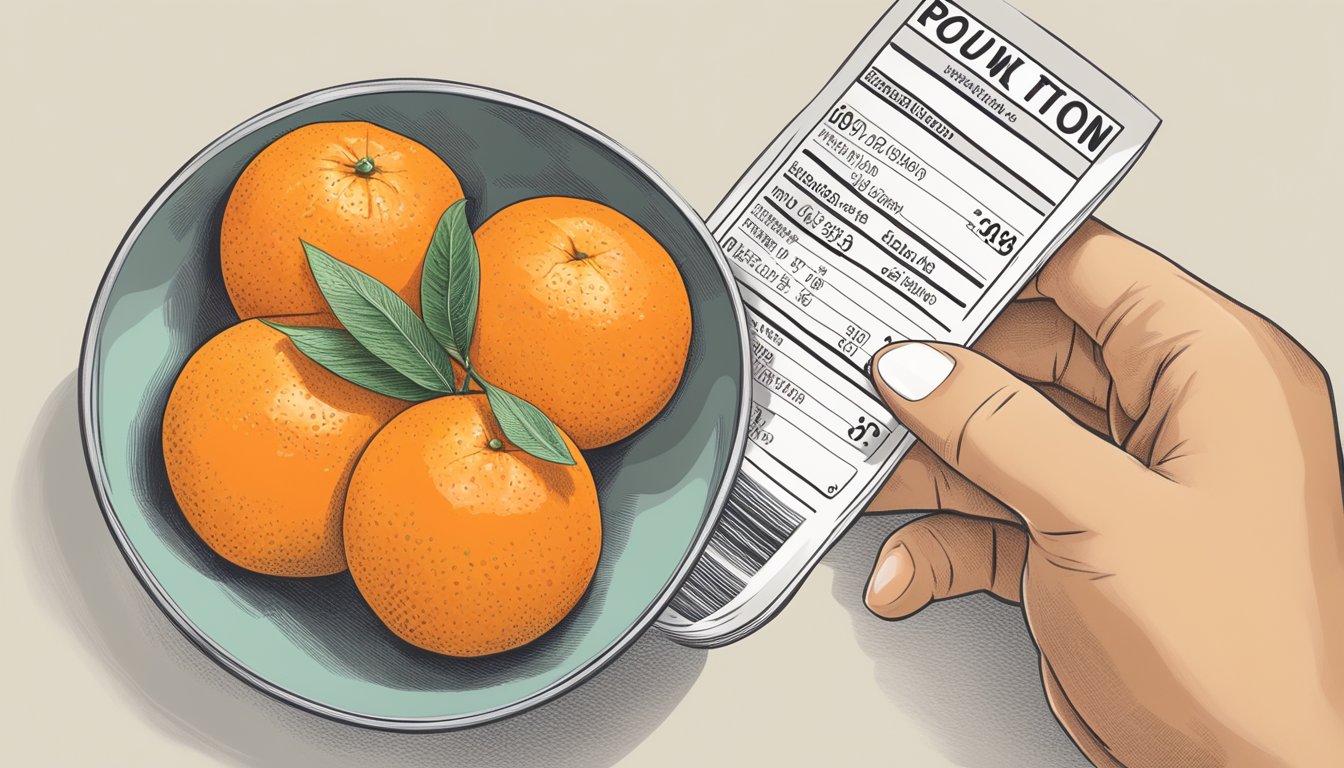 A diabetic hand holding a bowl of mandarin oranges, with a nutrition label in the background