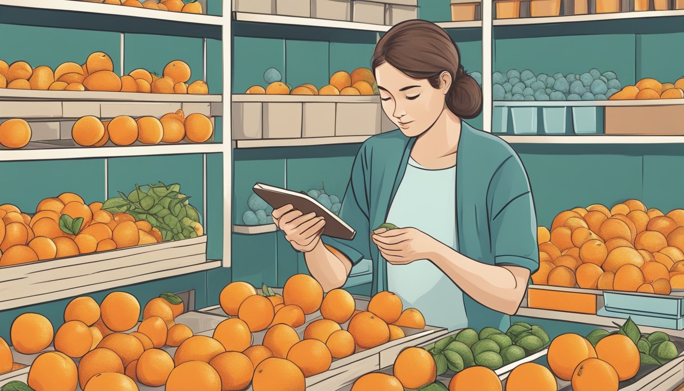 A diabetic person carefully inspecting mandarin oranges and other fruits, considering portion sizes