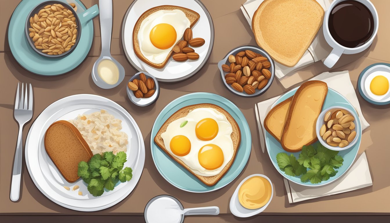 A breakfast table with a variety of diabetic-friendly foods, including selenium-rich options like eggs, whole grain toast, and nuts