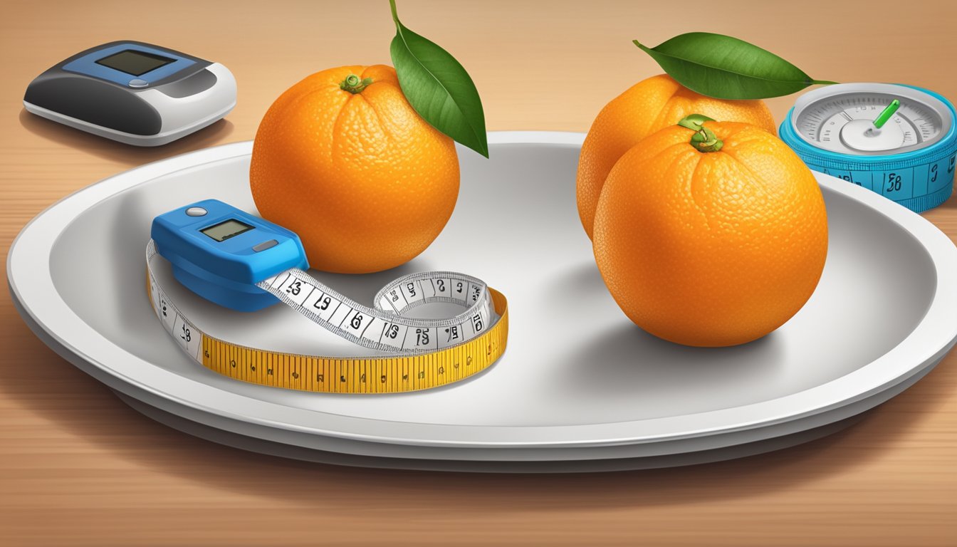 A plate with three mandarins, a measuring tape, and a diabetes monitoring kit on a kitchen table