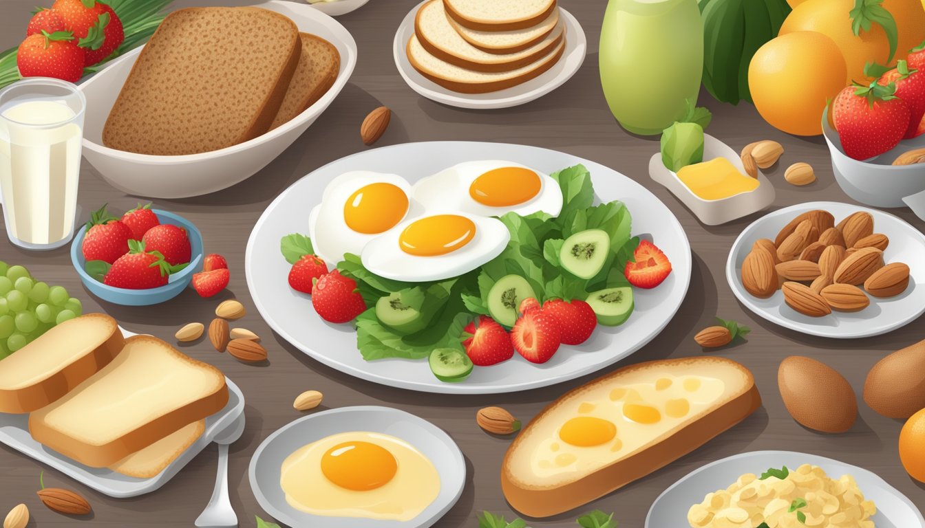 A breakfast table set with selenium-rich foods like eggs, whole grain toast, and nuts, surrounded by fruits and vegetables