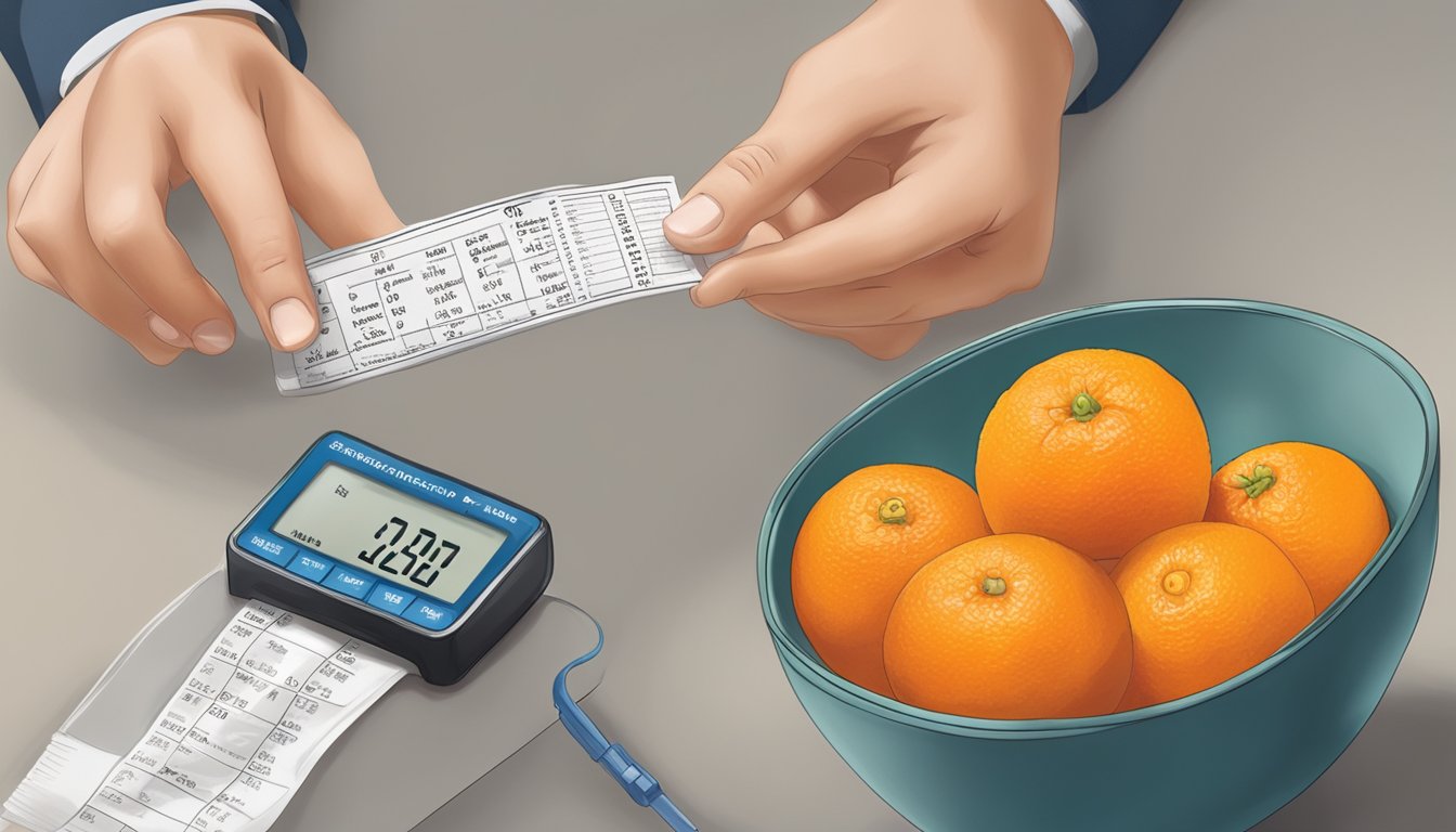 A bowl of mandarin oranges with a nutritional label and a person with a diabetes monitoring device