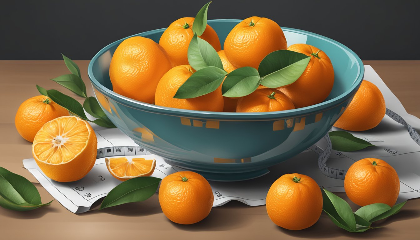 A bowl of mandarins with a measuring tape nearby