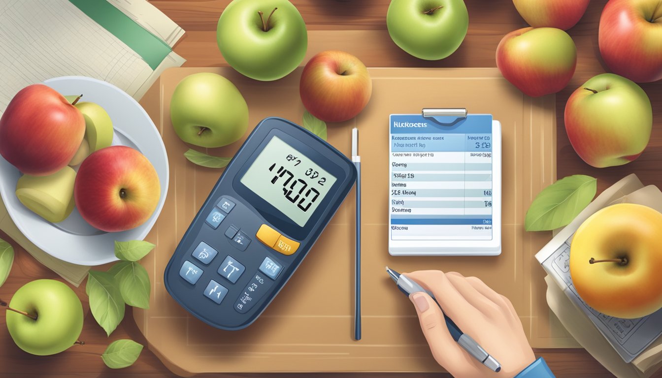 A table with a variety of apples, a glucometer, and a person reading a nutrition label