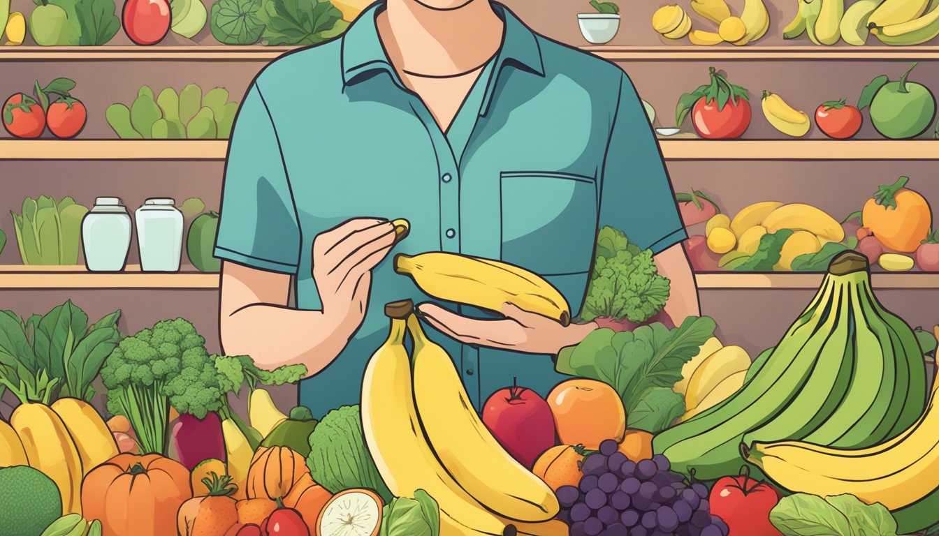 A person with diabetes holding a bunch of bananas, surrounded by various fruits and vegetables, with a nutritionist pointing to a recommended portion size