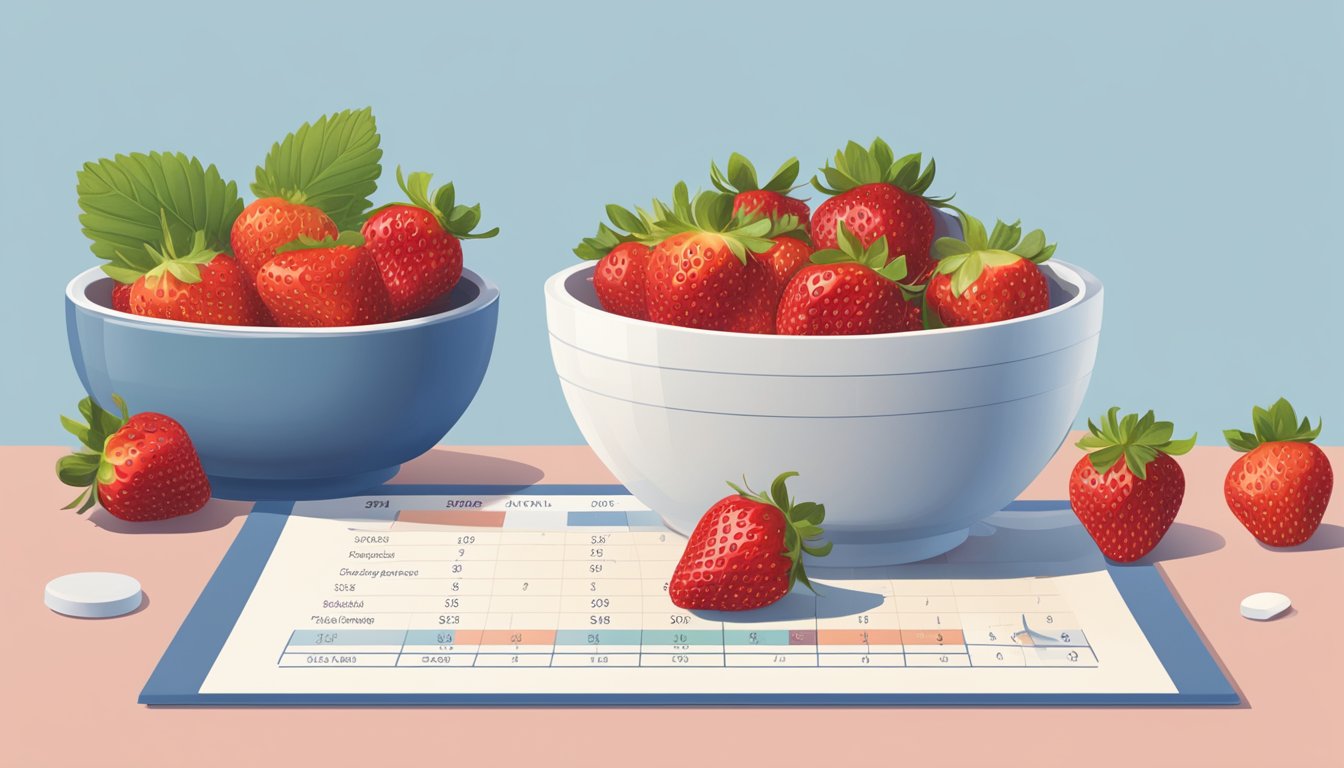 A bowl of strawberries with a diabetic-friendly portion size displayed next to a nutritional chart