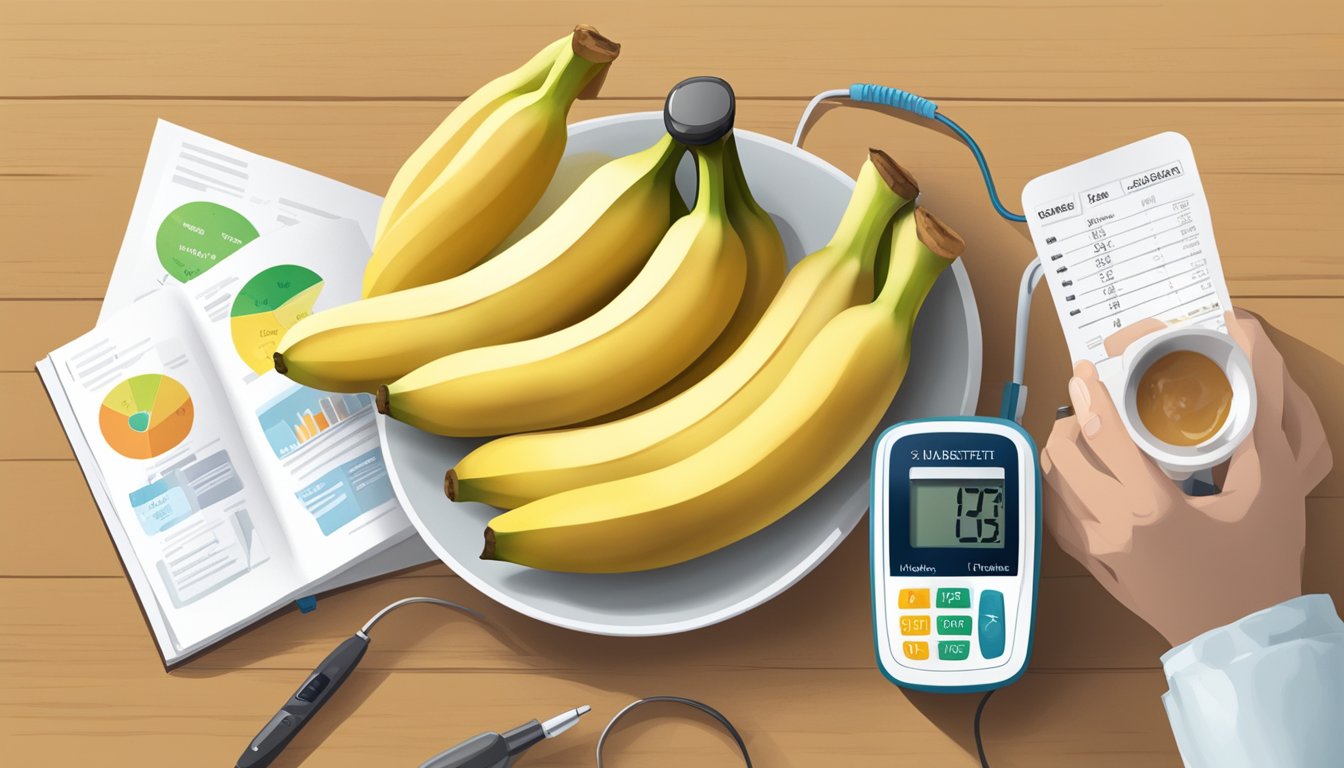 A person with diabetes sitting at a table with a bunch of bananas, a glucometer, and a nutrition guide