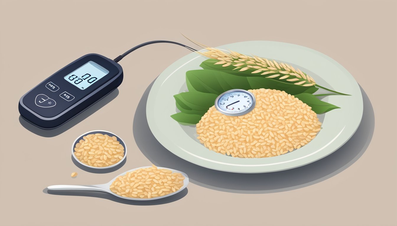 A plate with a measured portion of brown rice next to a blood sugar monitoring device