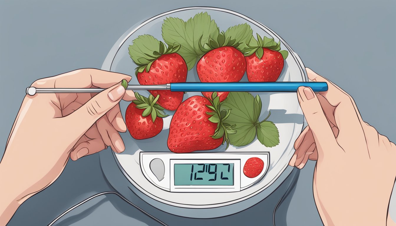 A person with diabetes holding a bowl of strawberries, with a blood sugar monitor nearby