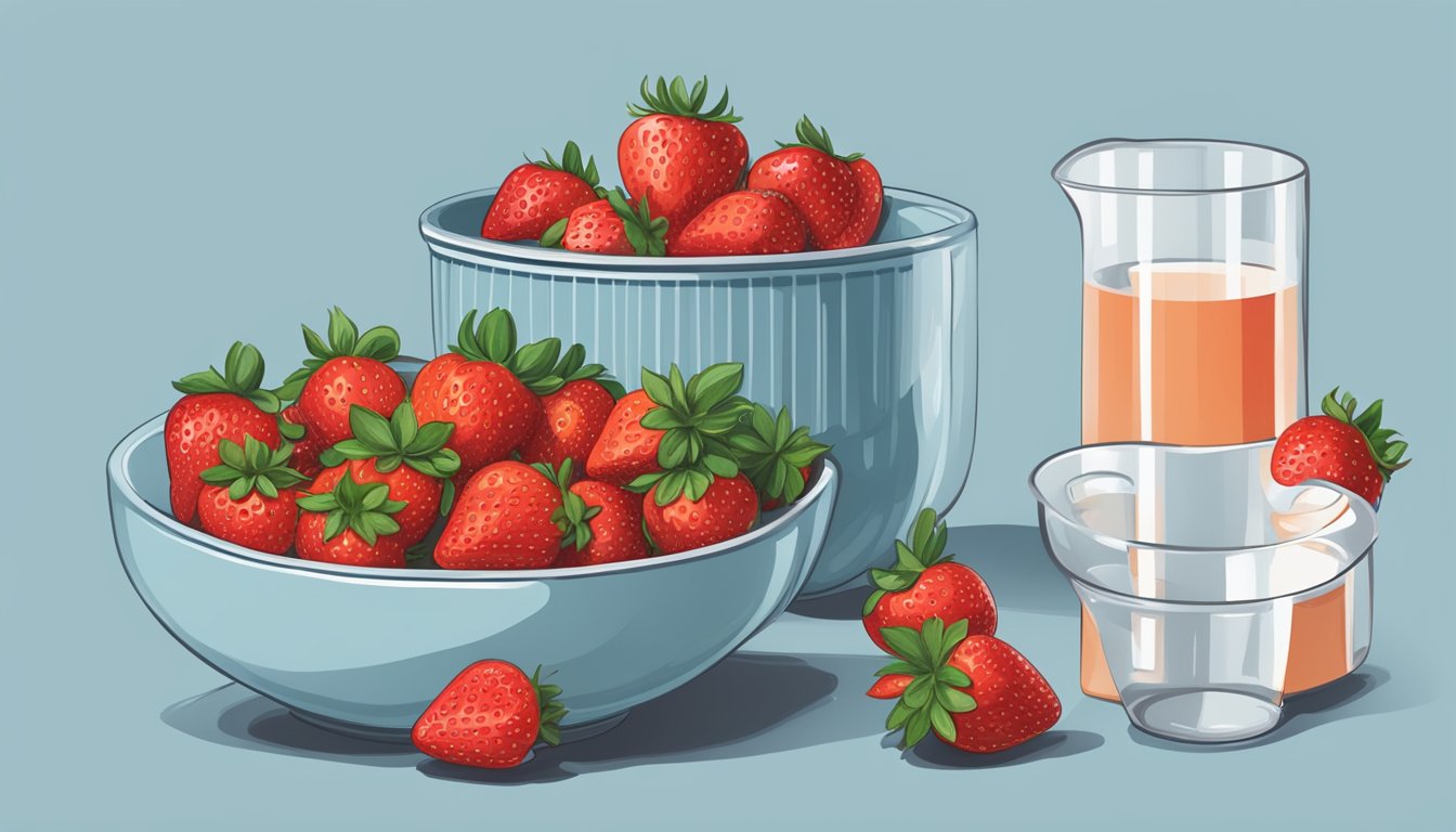 A bowl of fresh strawberries with a measuring cup next to it, indicating portion control for a diabetic diet