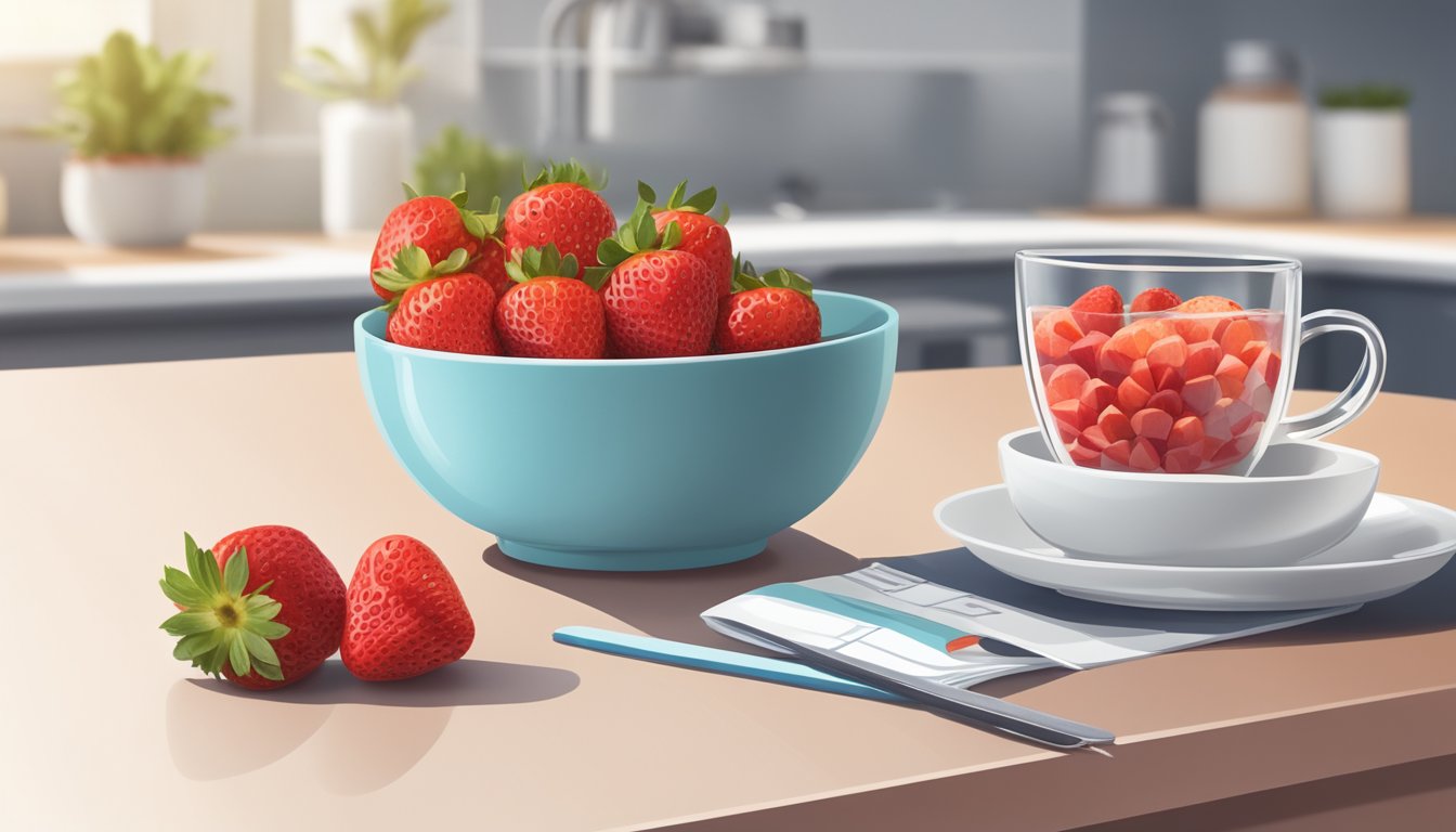 A bowl of fresh strawberries arranged on a white plate next to a measuring cup, with a nutritionist's guide to diabetic-friendly portion sizes in the background