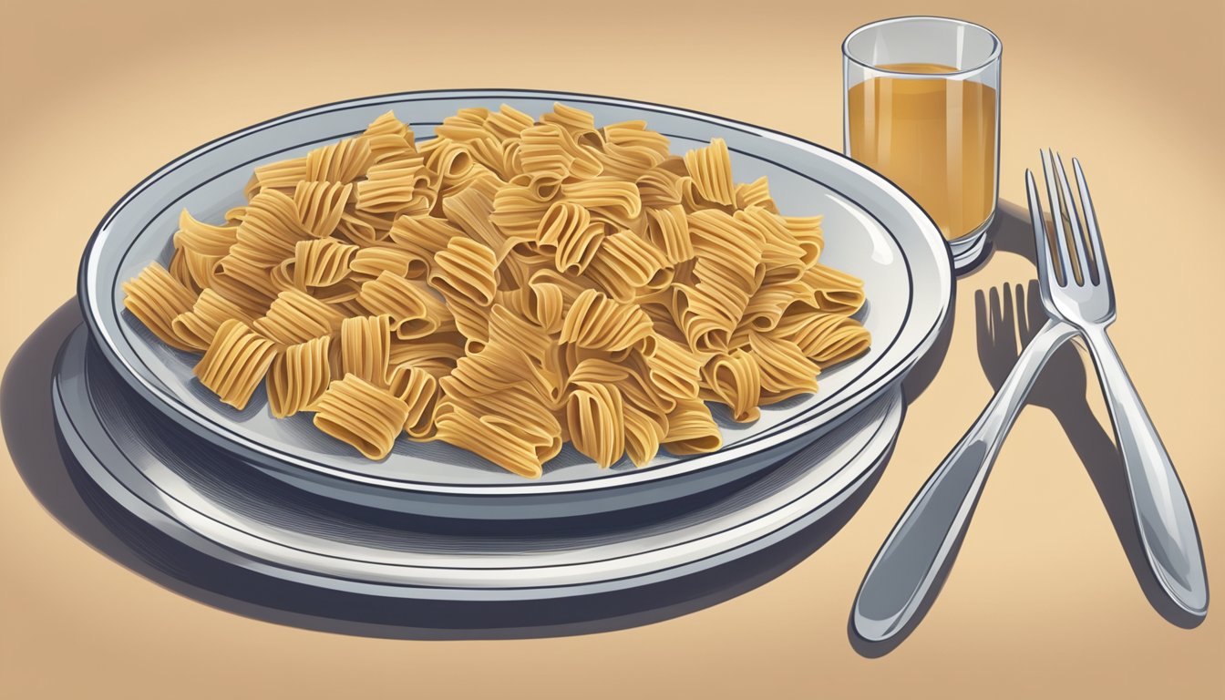 A plate of whole wheat pasta with a measuring cup next to it, indicating portion size for a diabetic