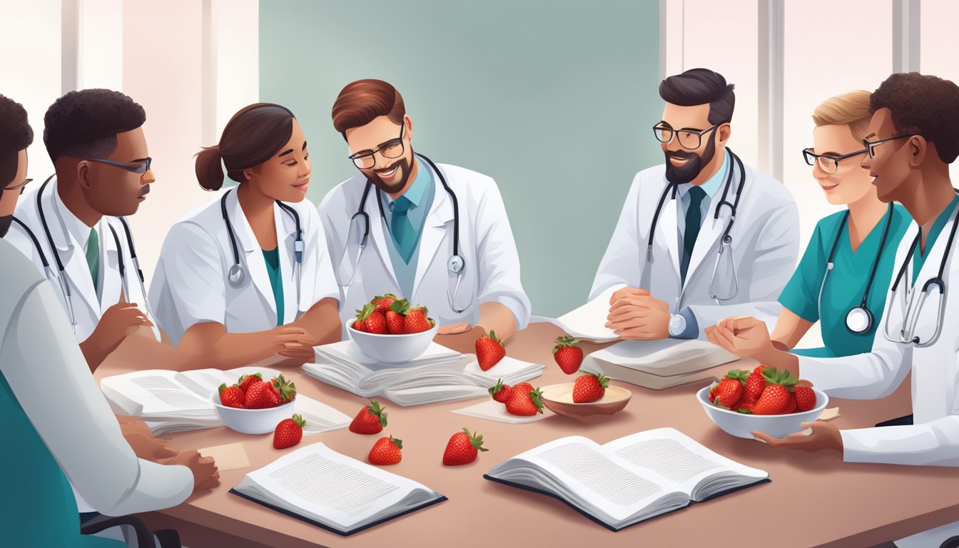 A group of healthcare professionals discussing strawberries and diabetes, with a stack of medical literature and a bowl of strawberries on the table