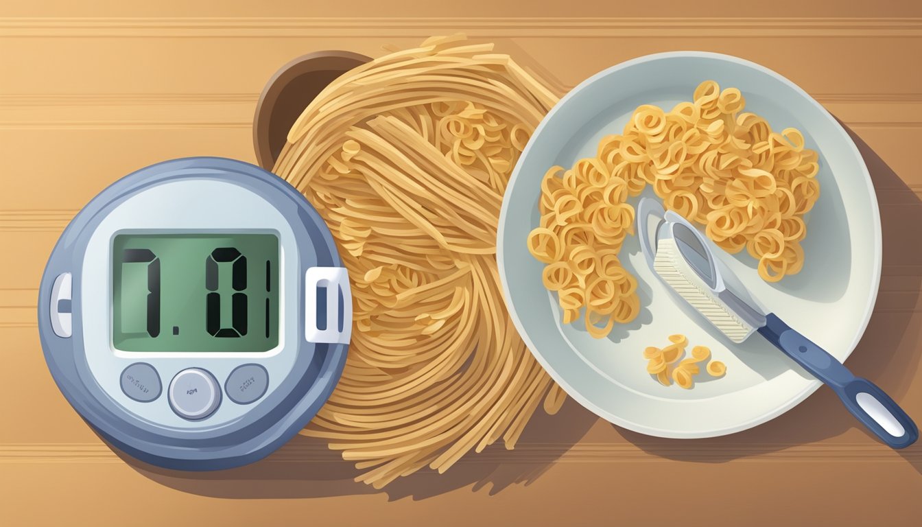 A plate with a measured portion of whole wheat pasta next to a blood sugar monitor