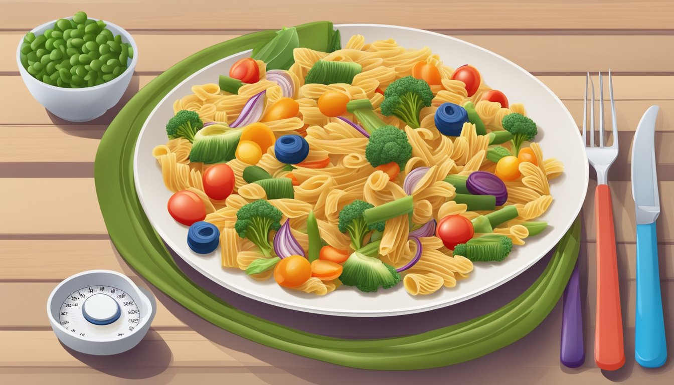 A plate of whole wheat pasta with a measured portion size, surrounded by colorful vegetables and a diabetic-friendly protein source