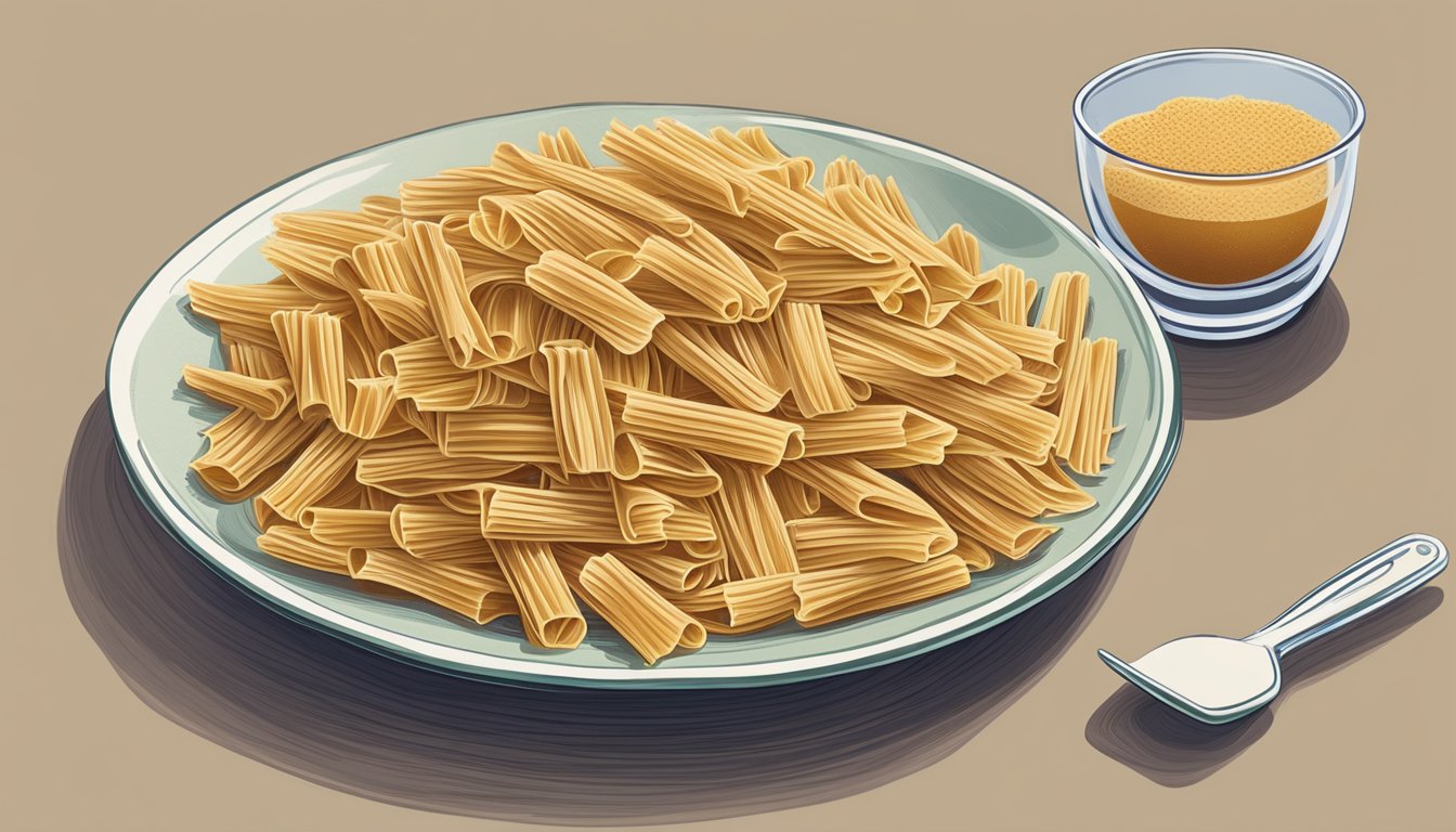 A plate of whole wheat pasta with a measuring cup next to it