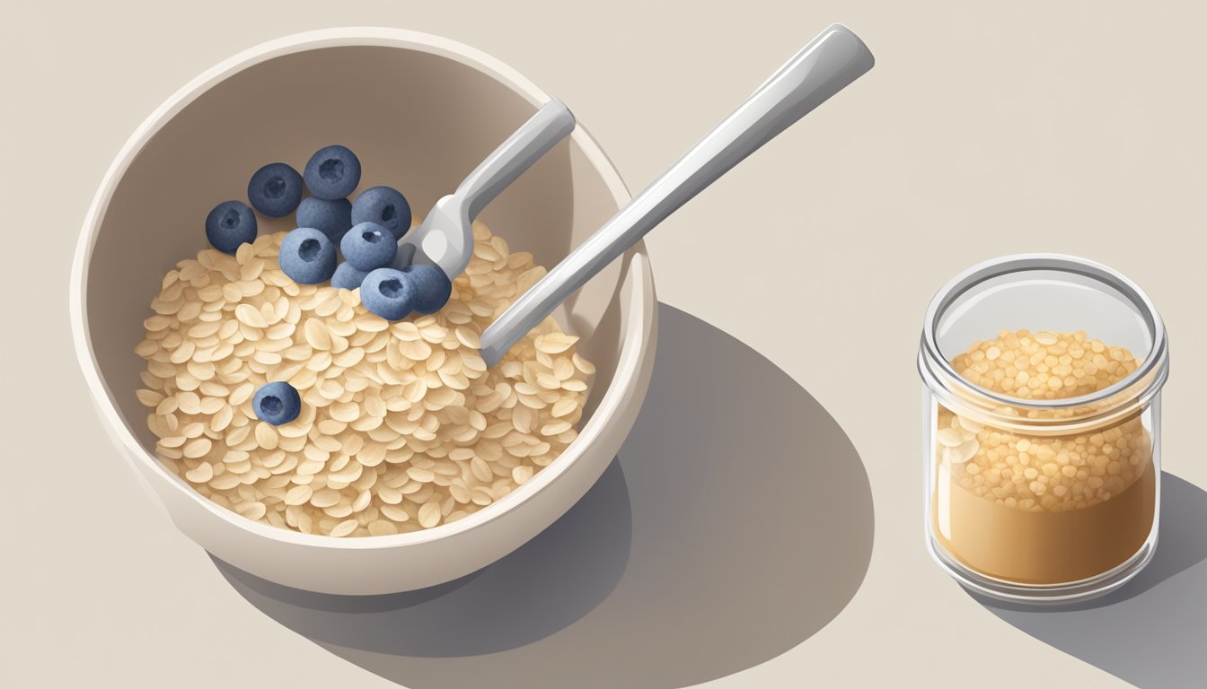 A bowl of oatmeal with a measuring cup next to it, showing the appropriate portion size for a diabetic