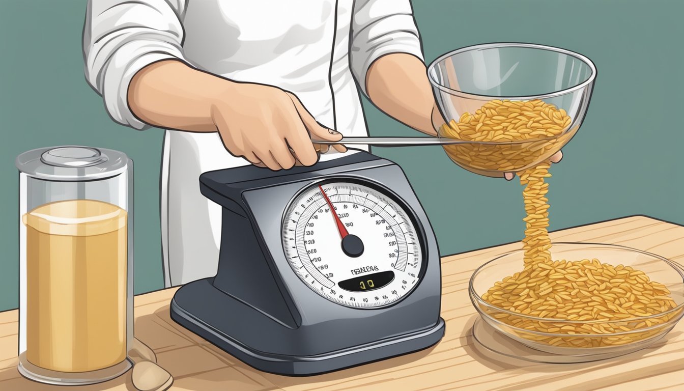 A person with diabetes measuring a portion of whole wheat pasta on a kitchen scale