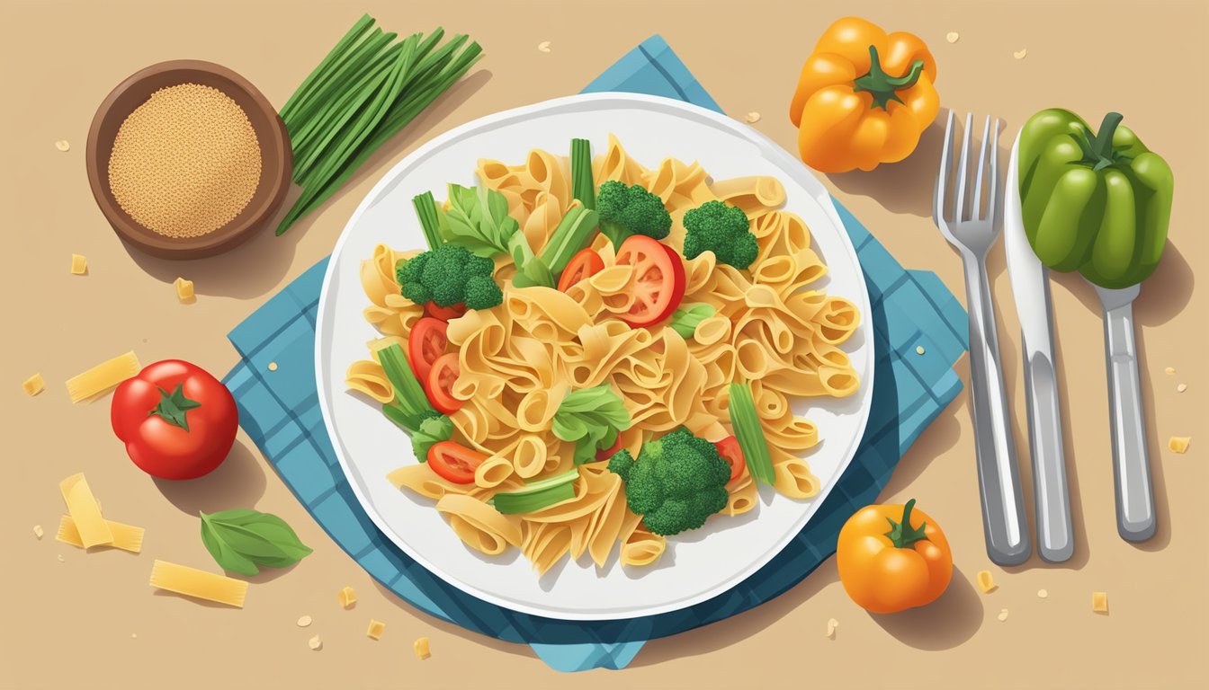 A plate of whole wheat pasta with a small portion size, surrounded by colorful vegetables and a measuring cup to indicate portion control