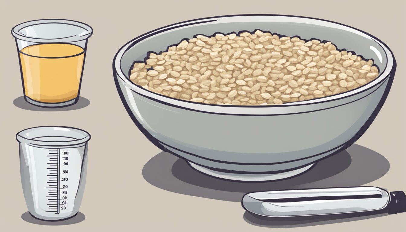 A bowl of oatmeal with a measuring cup beside it, showing a recommended portion size for a diabetic