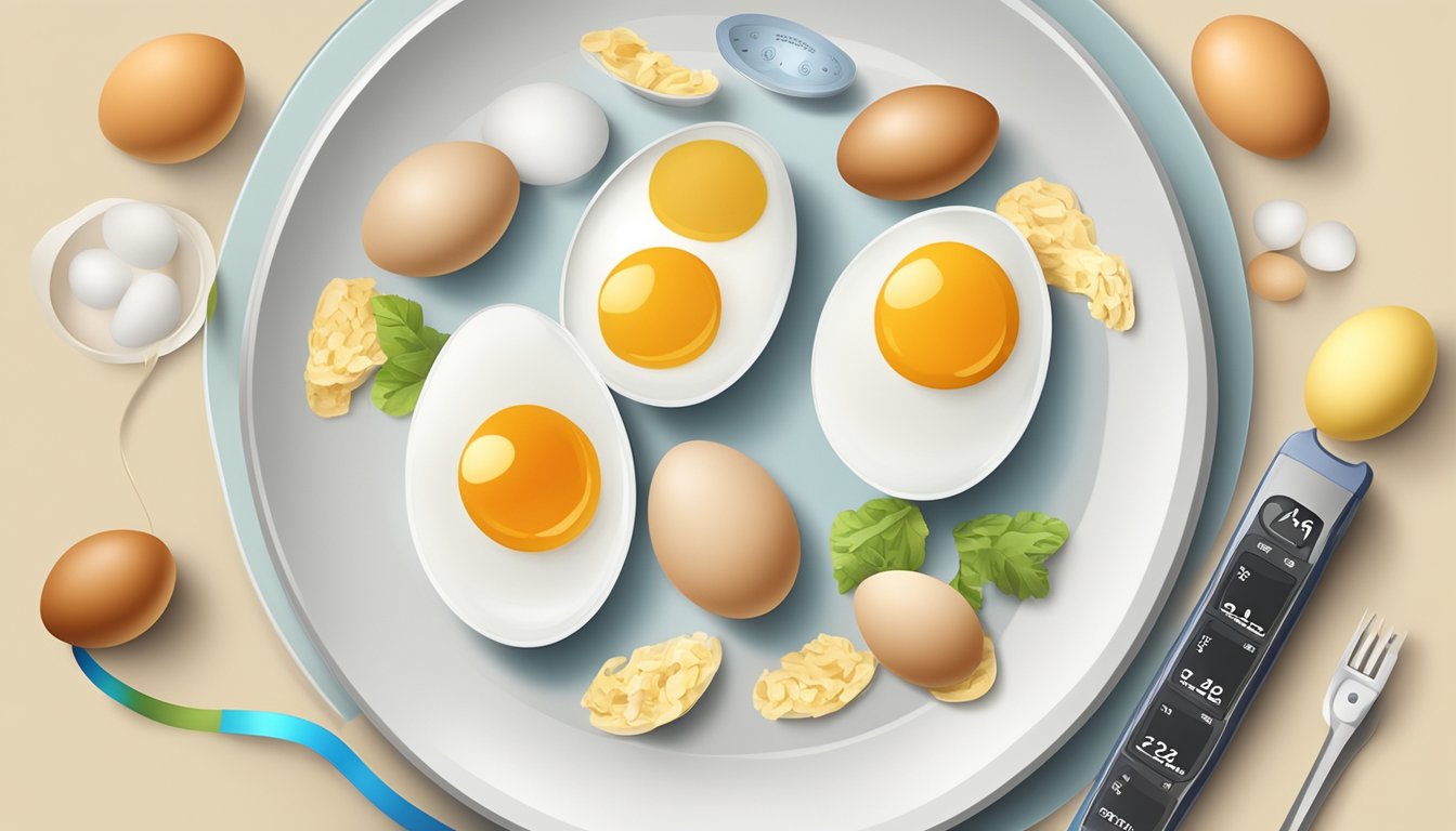 A plate with a variety of eggs (hard-boiled, scrambled, etc.) surrounded by a measuring tape and a blood glucose monitor