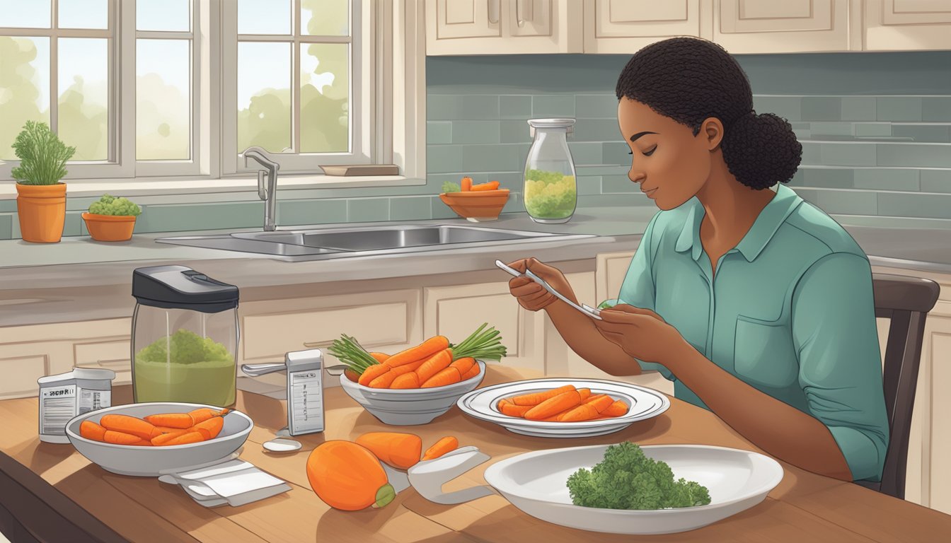 A diabetic person at a kitchen table with a plate of carrots, a measuring cup, and a nutrition label