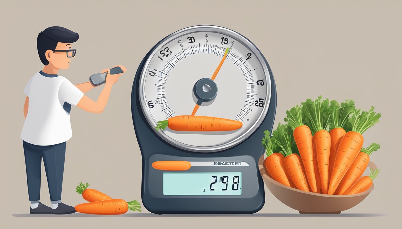 A diabetic measuring a portion of carrots on a scale