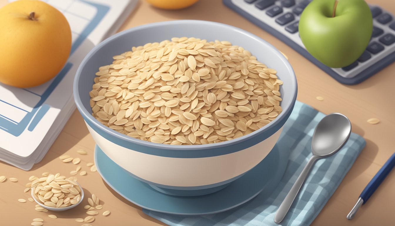 A bowl of oats with a measuring cup next to it, a diabetes-friendly food guide in the background