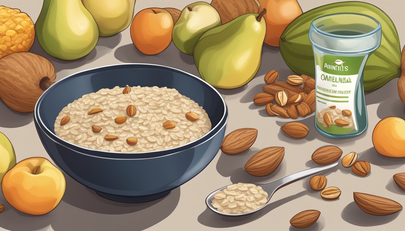 A bowl of oatmeal with a measuring cup next to it, showing a smaller portion size. Fruits and nuts are displayed as healthier alternatives