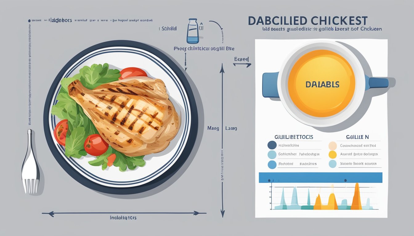 A plate with a portion of grilled chicken breast, a measuring cup, and a dietary guideline chart for diabetics