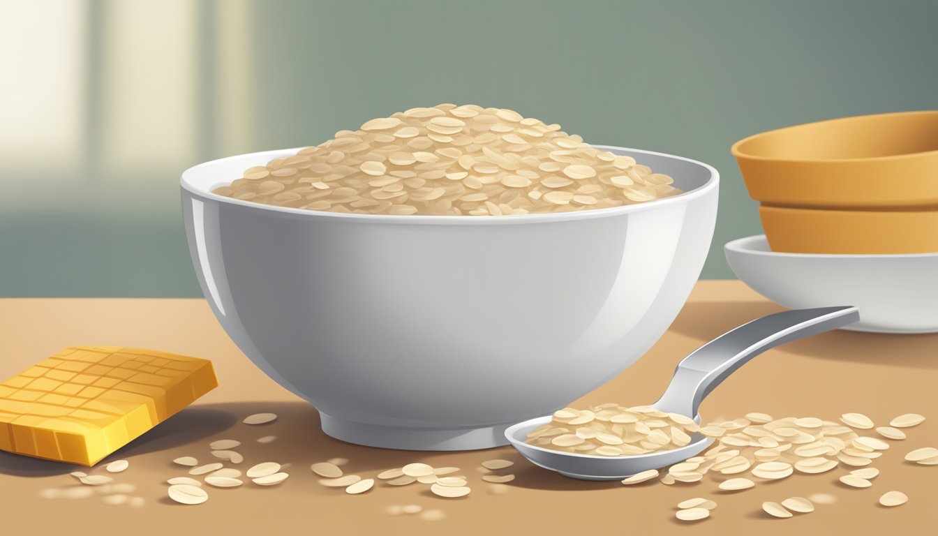 A bowl of oatmeal with a measuring cup next to it, indicating portion control for a diabetic