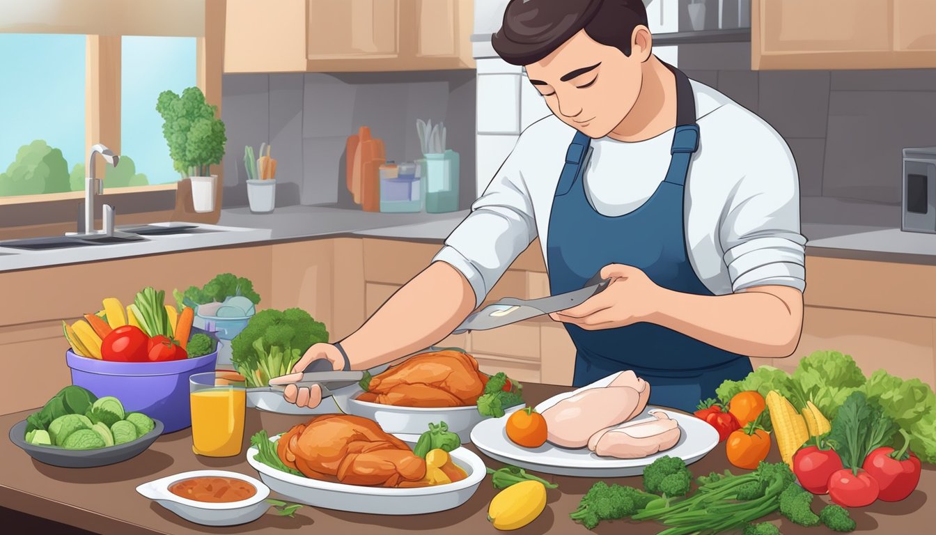 A diabetic carefully measuring and portioning out chicken breast on a plate, surrounded by various colorful vegetables and a measuring cup