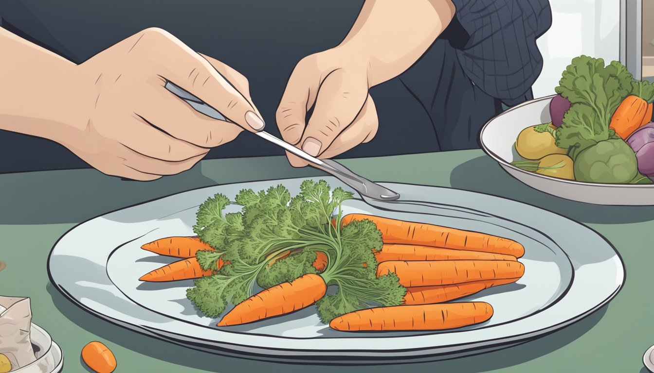 A person with diabetes carefully counting out a measured portion of carrots onto a plate