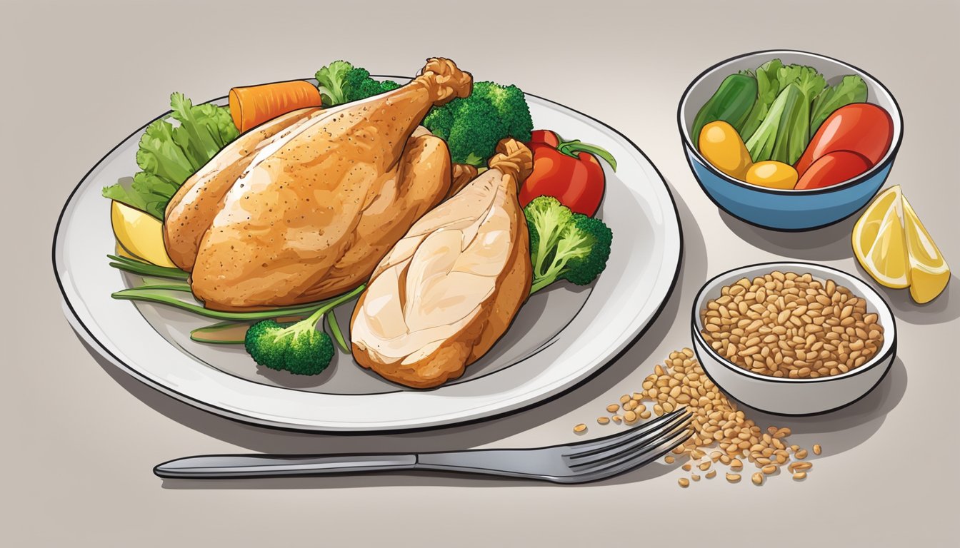 A diabetic-friendly meal: A plate with a measured portion of cooked chicken breast, alongside a variety of colorful vegetables and a small portion of whole grains