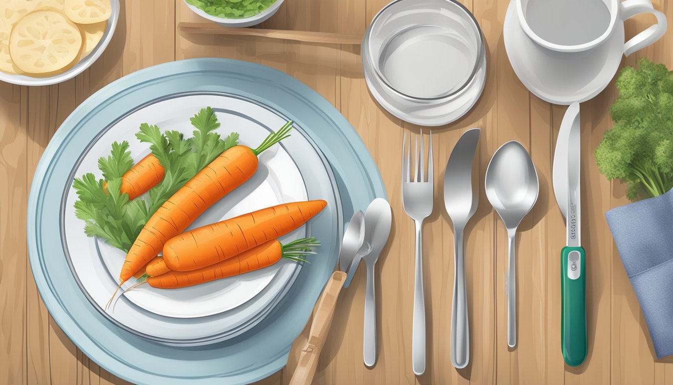 A diabetic-friendly table setting with a plate of carrots and a measuring tool