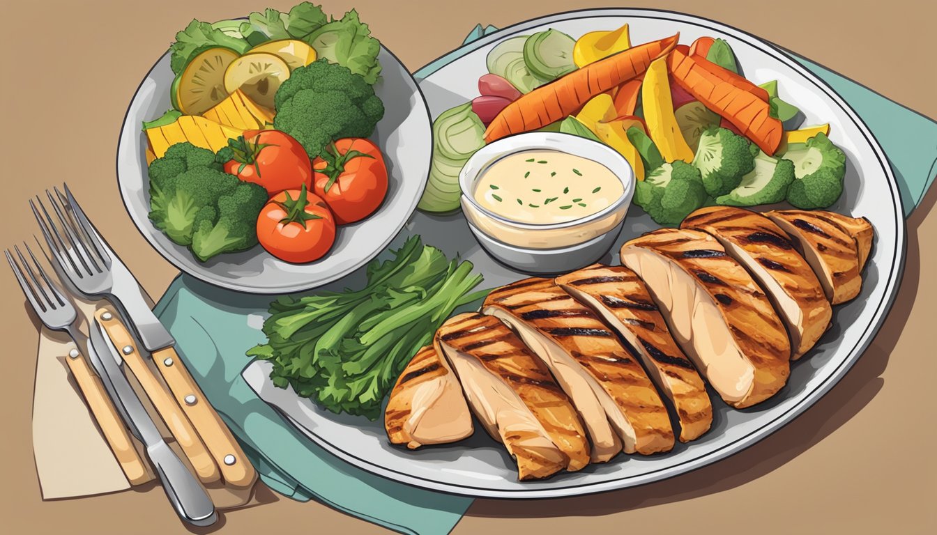 A plate with grilled chicken breast surrounded by colorful vegetables and a portion size guide for diabetics