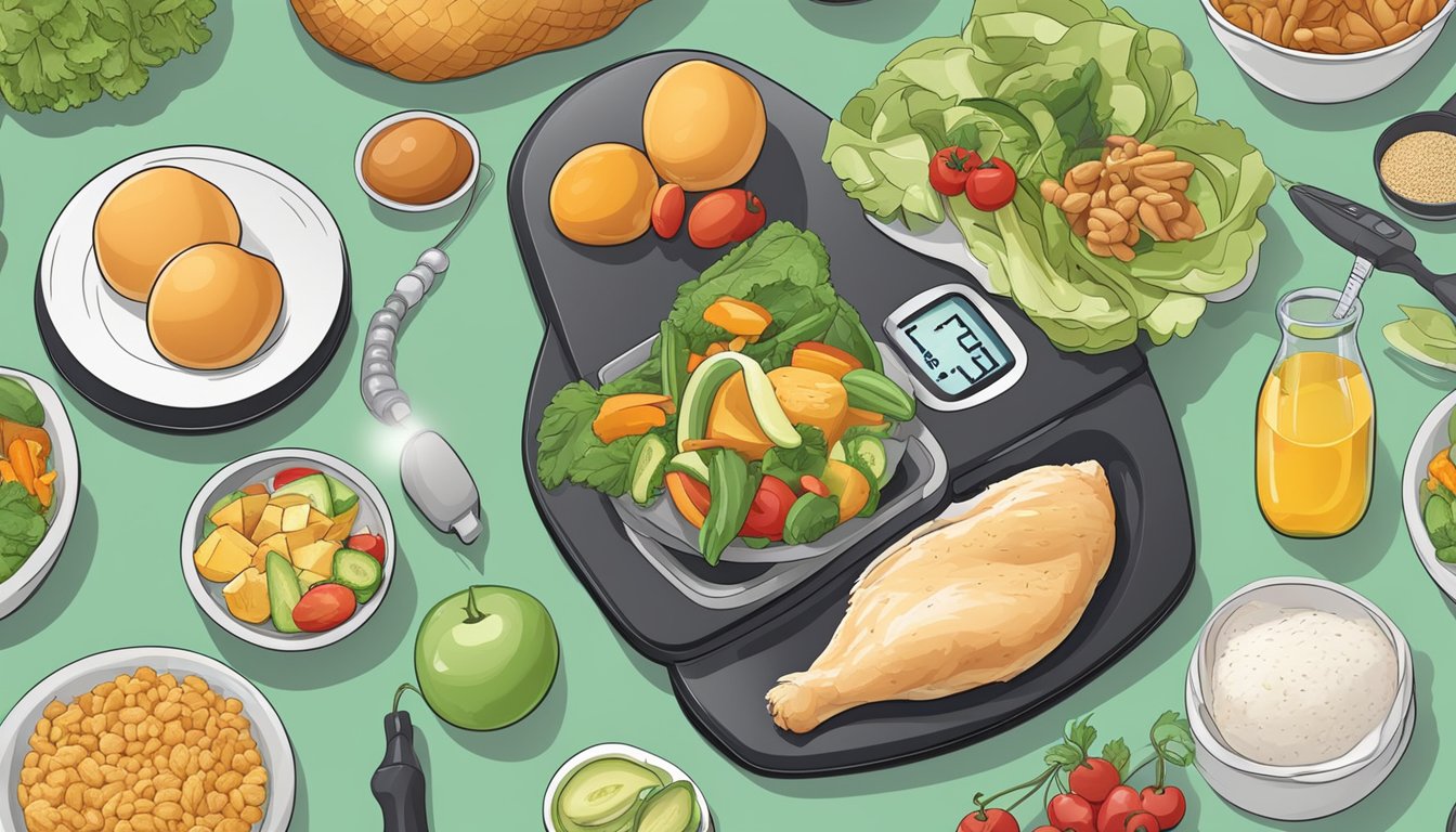 A diabetic measuring chicken breast on a scale, surrounded by a variety of healthy food options