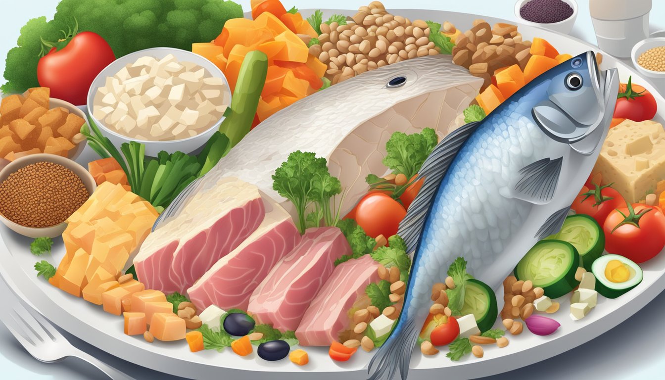 A plate with a variety of diabetic-friendly protein options, such as fish, tofu, and lean beef, surrounded by colorful vegetables and grains