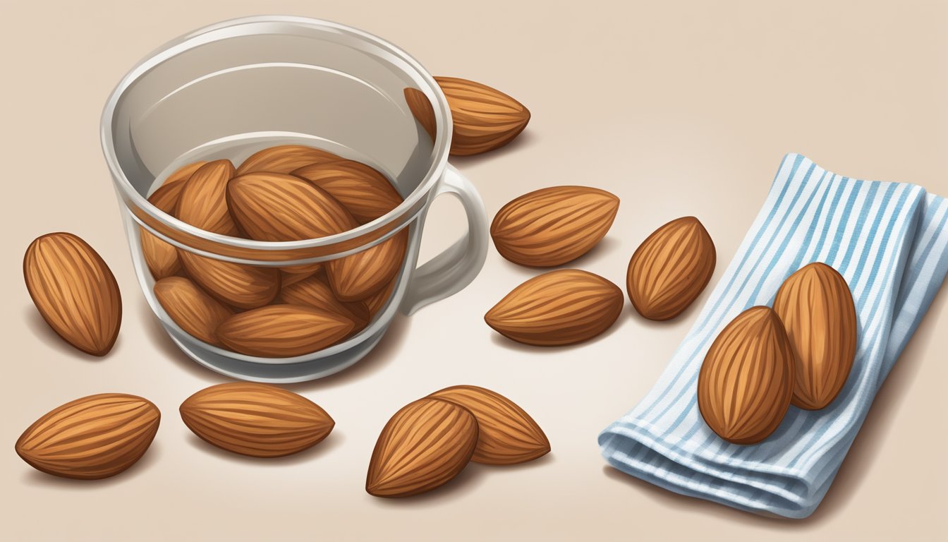 A small pile of almonds arranged on a plate, with a measuring cup nearby