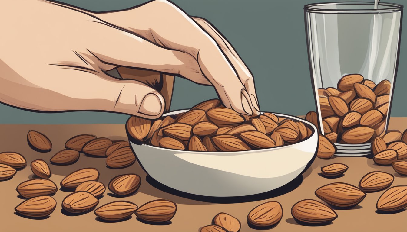 A hand reaching for a small pile of almonds, with a measuring cup nearby