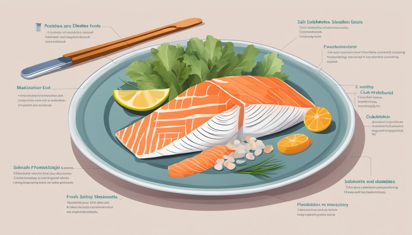 A plate with a portion of salmon, a measuring tool, and a diabetes-friendly food guide