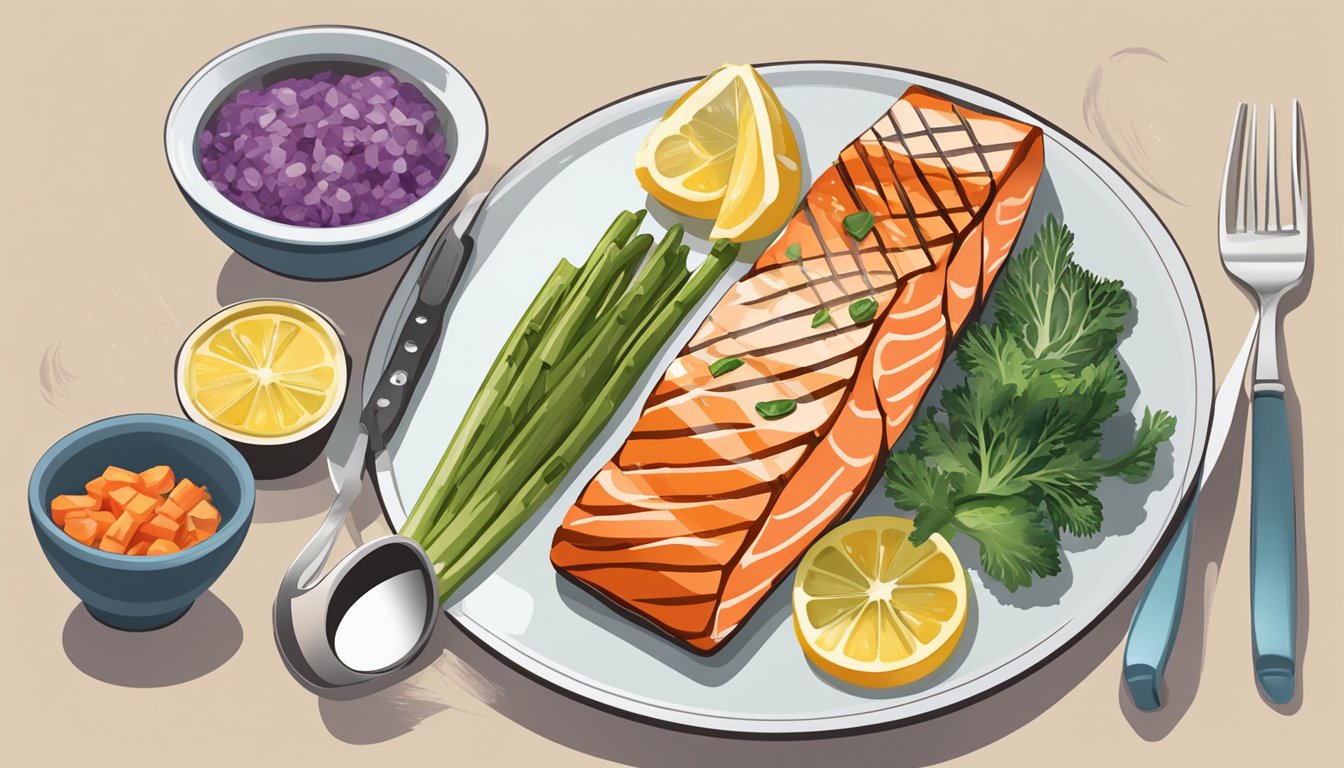 A plate of grilled salmon with a side of vegetables, a measuring cup, and a portion size guide for diabetics