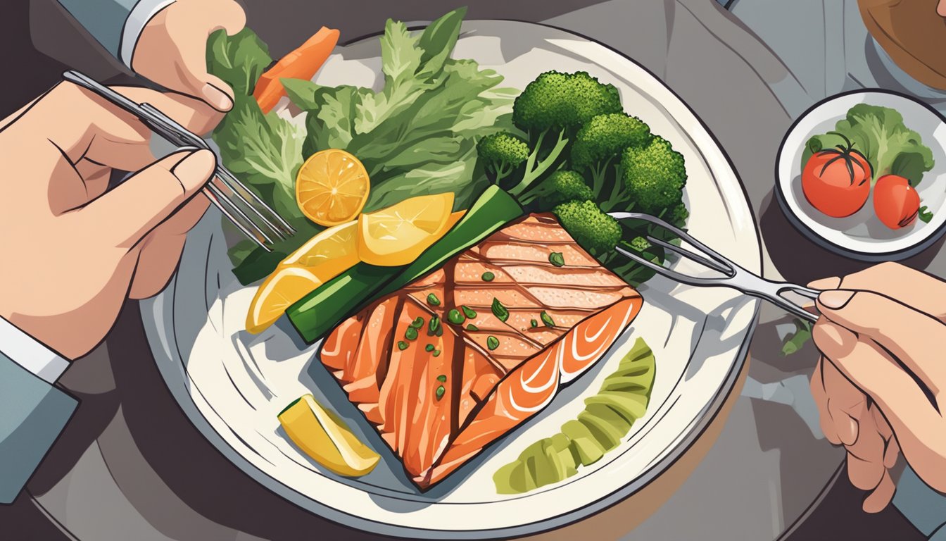 A person with diabetes enjoying a serving of grilled salmon with a side of steamed vegetables